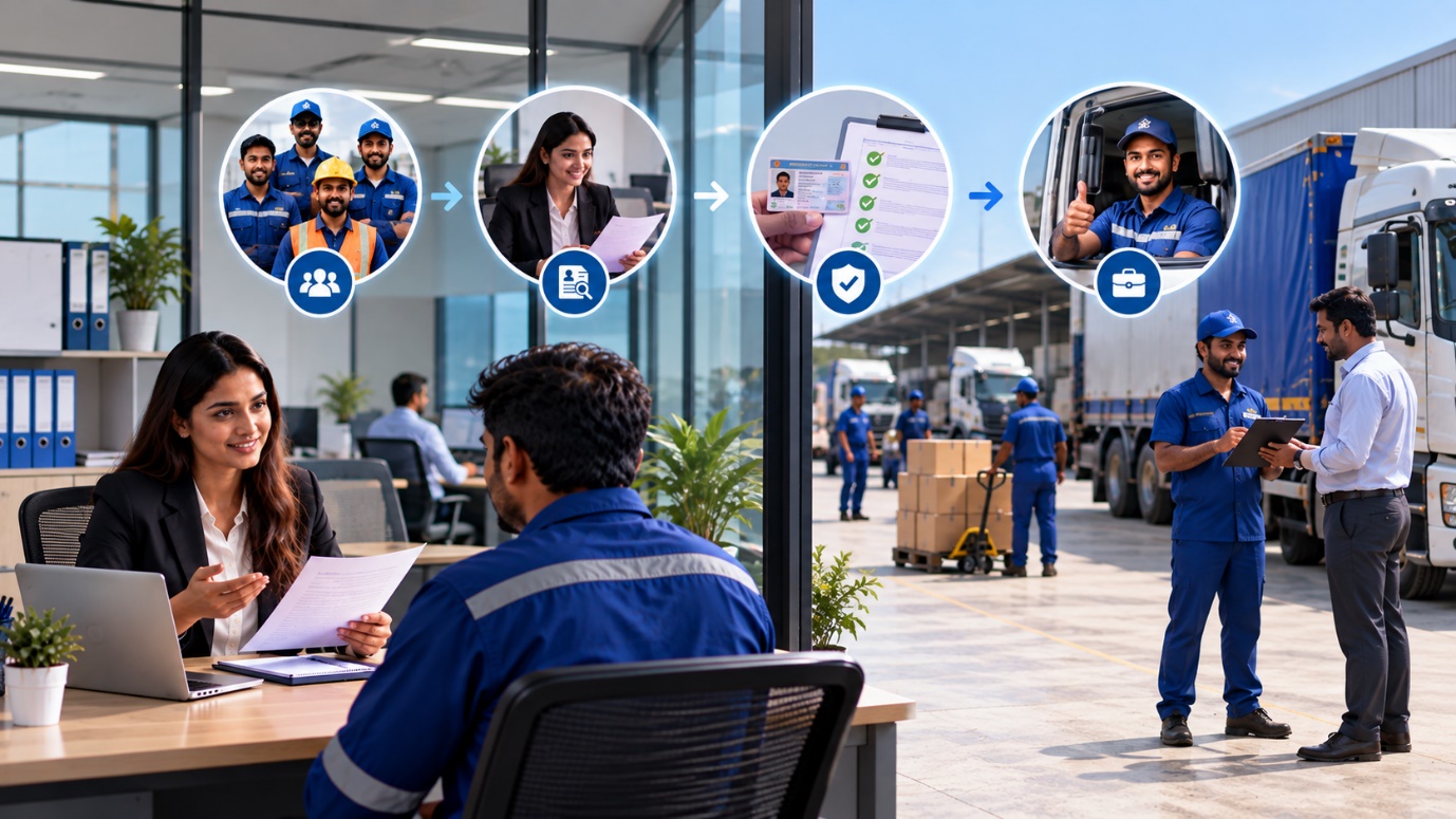 HR consultant interviewing a logistics worker, with verified drivers, warehouse staff and transport teams in the background