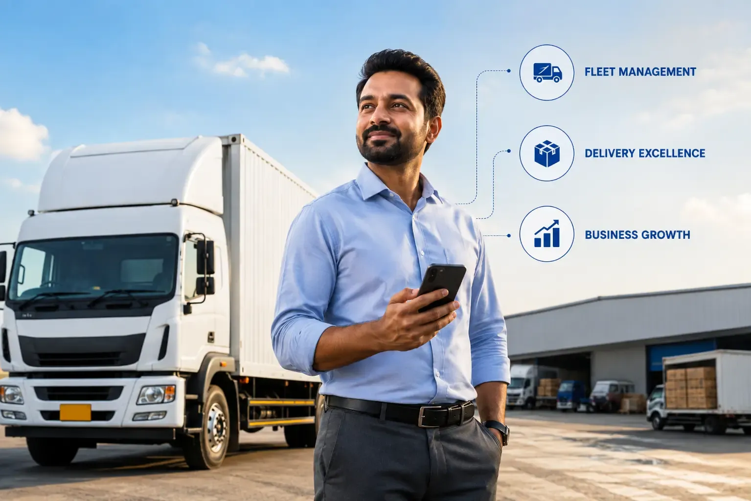 Logistics business owner beside a delivery truck, with fleet management, delivery excellence, and business growth highlighted.