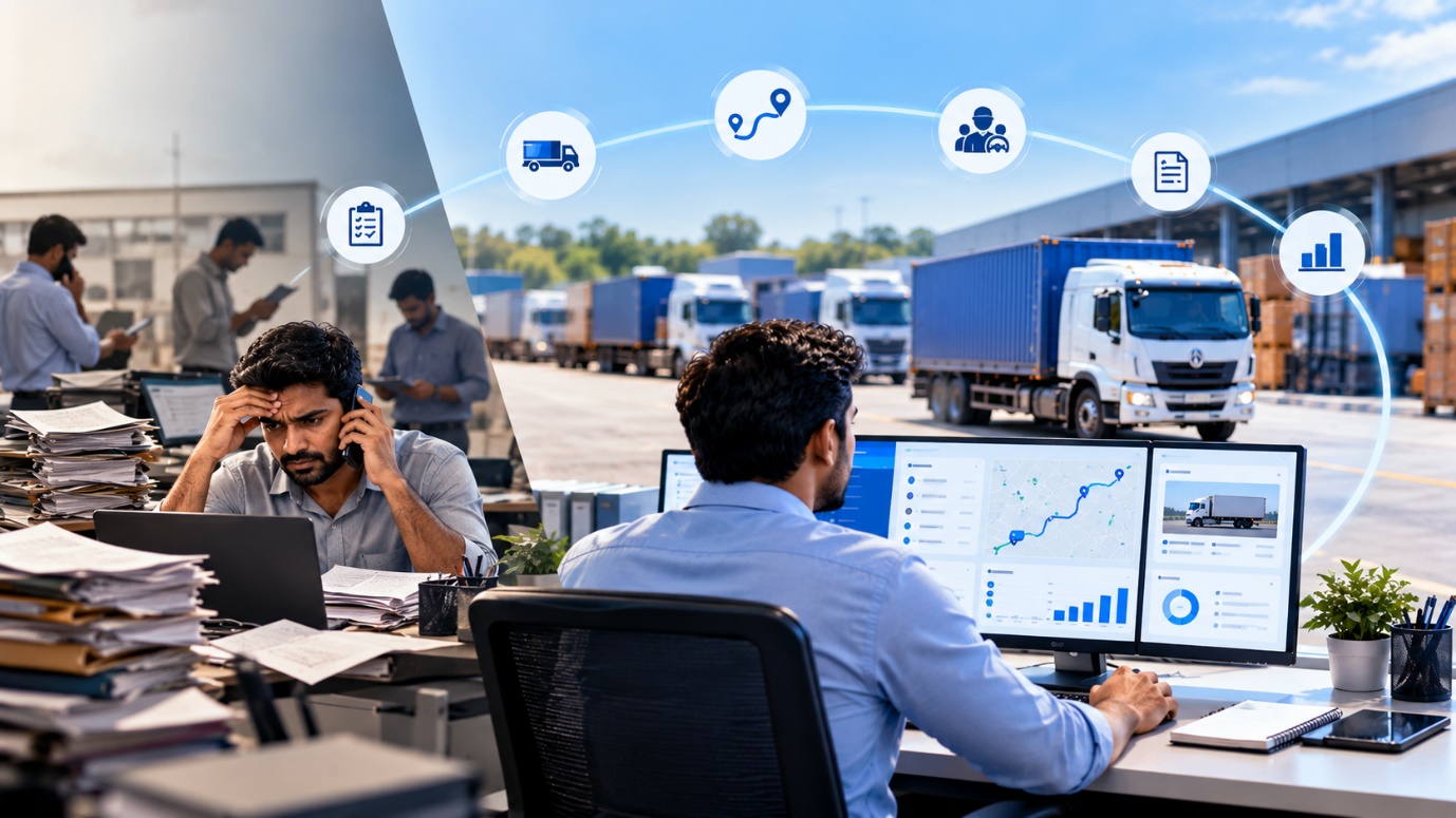 Transporter overwhelmed by paperwork and phone calls beside a manager using a connected dashboard to track trucks, routes, drivers and documents.
