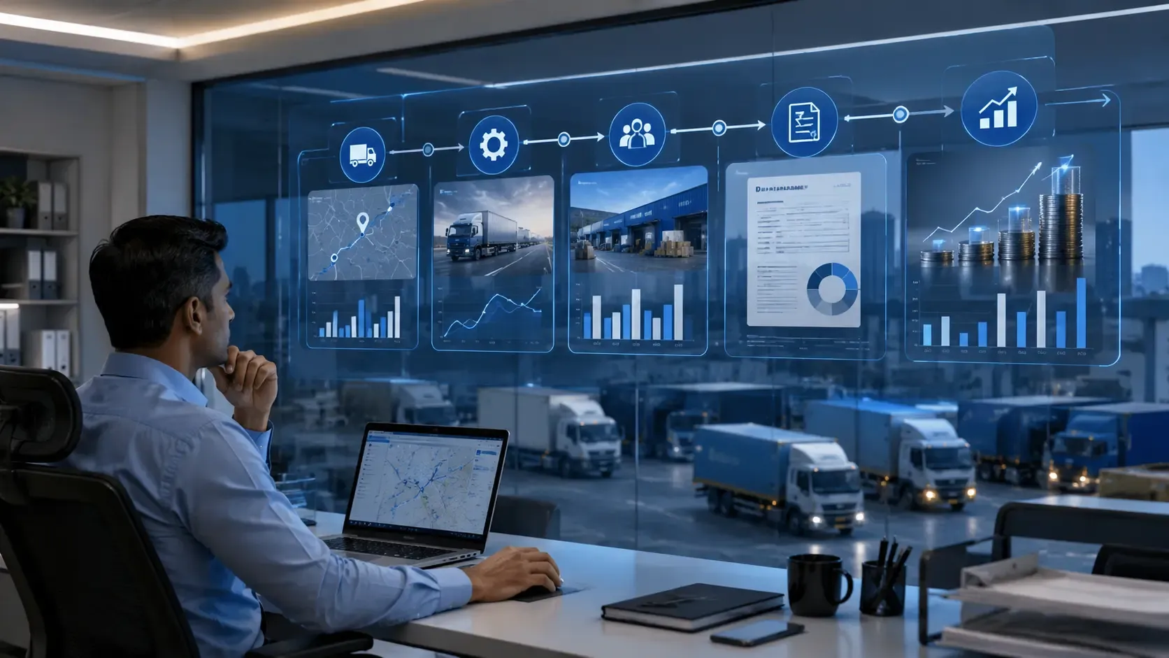 Logistics manager reviewing a transport management system dashboard with shipment tracking, freight documents, and cost analytics.